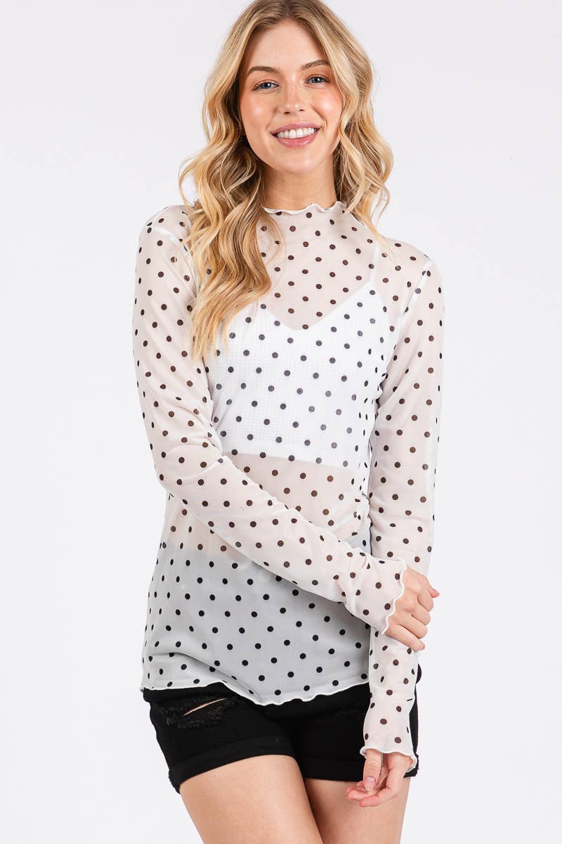 White Polka Dot Mesh Long Sleeve Top