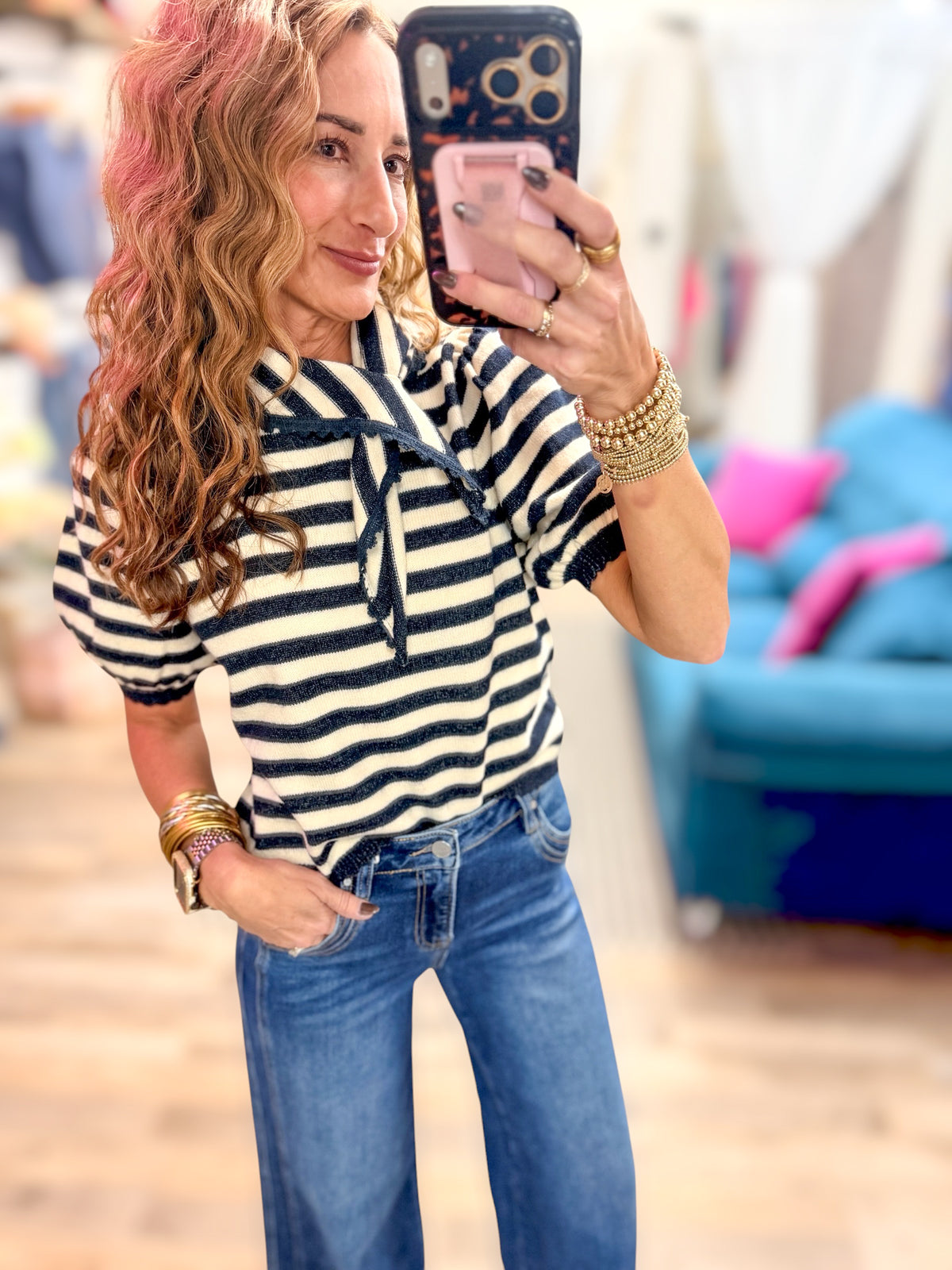Set Back Navy Striped SS Sweater