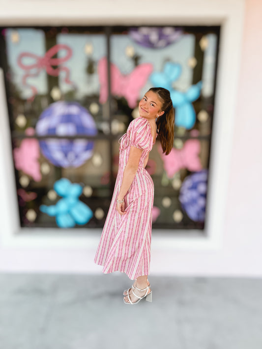 Say It Ain’t So Pink Striped Floral Midi Dress