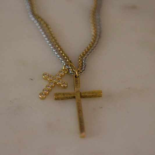 Dual Cross Necklace Mixed Metal 18k Gold Non Tarnish