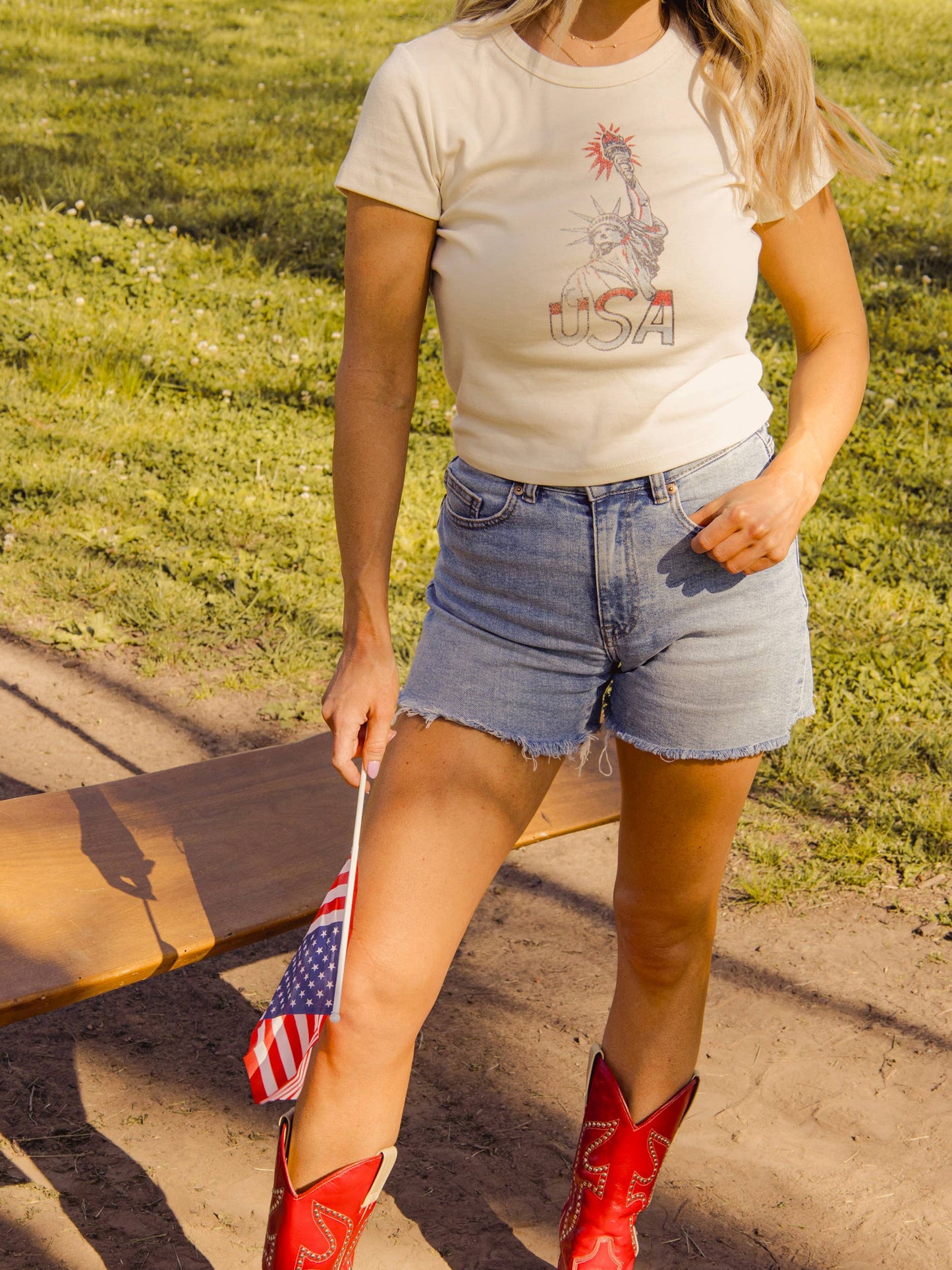 4th of July Miss Liberty Off White Micro Cropped Tee