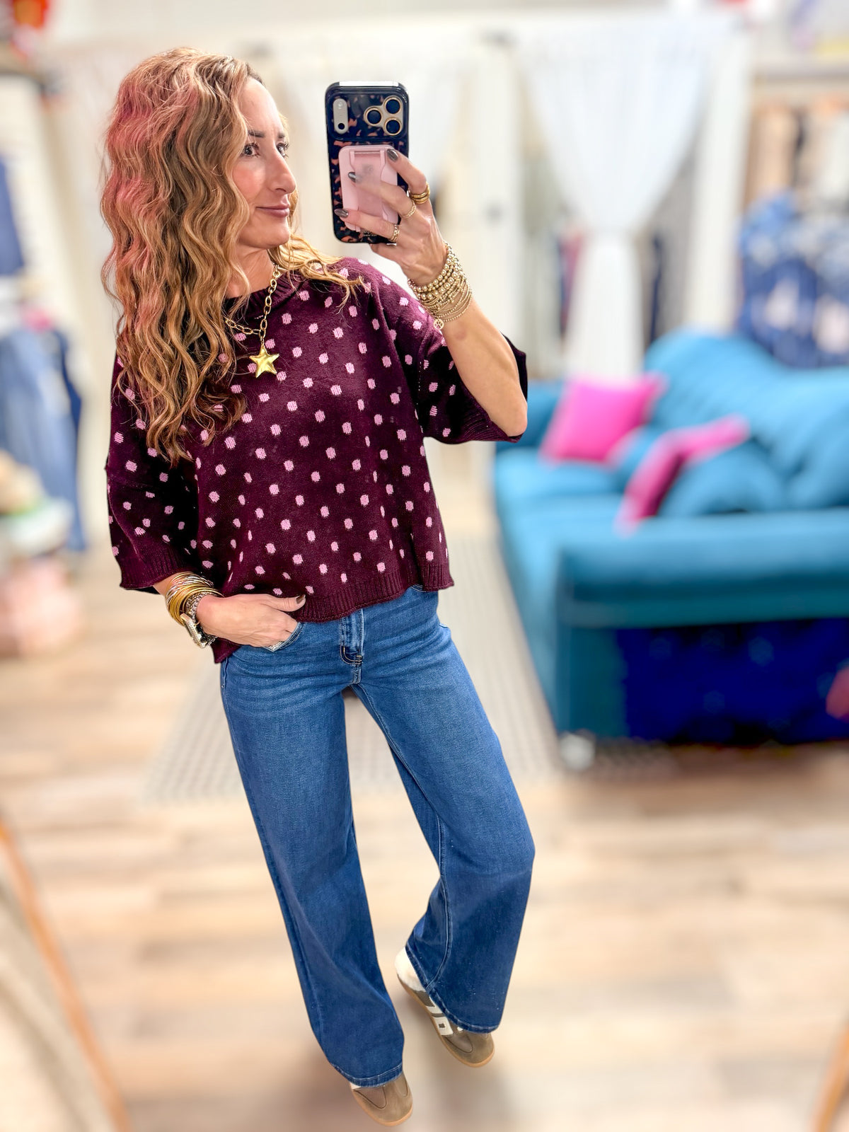 Sadie Burgundy Polka Dot SS Sweater