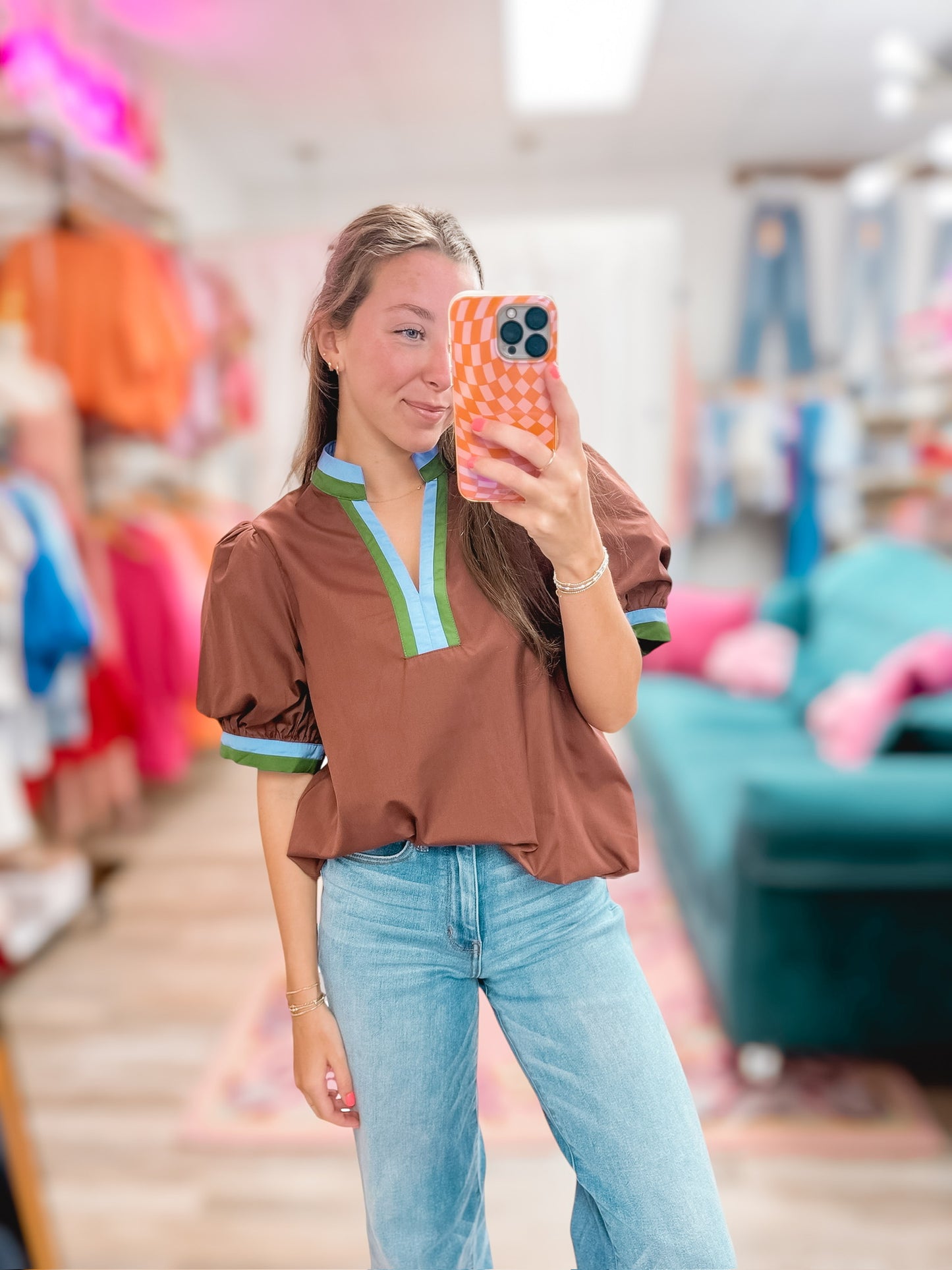 Chocolate Colorblock Trim Top