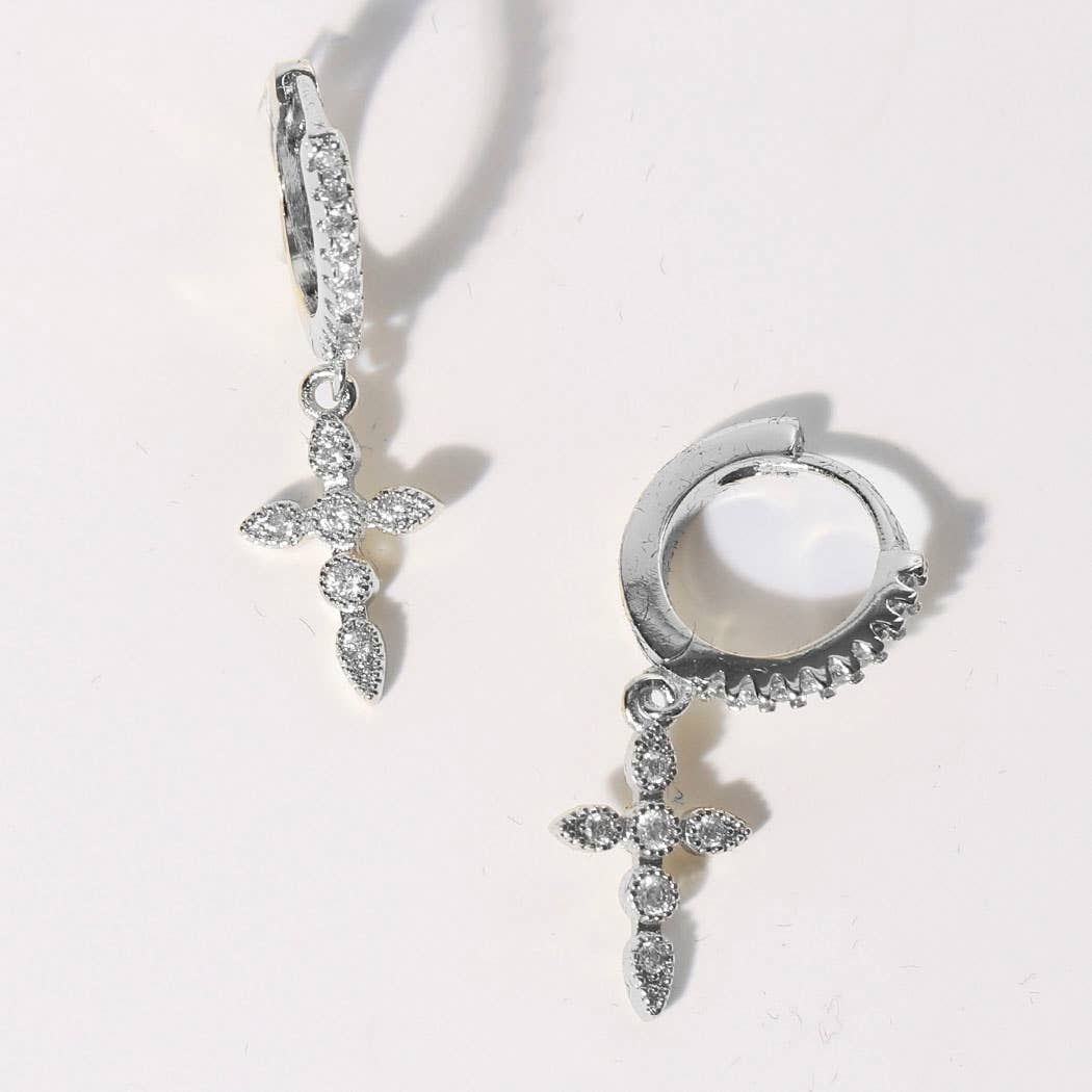 Pave CZ Cross Charm Huggie Hoop Earrings