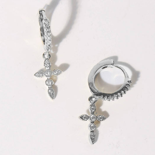 Pave CZ Cross Charm Huggie Hoop Earrings