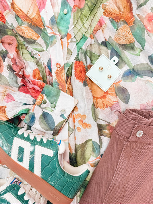 Teal Blooms Button Down Blouse