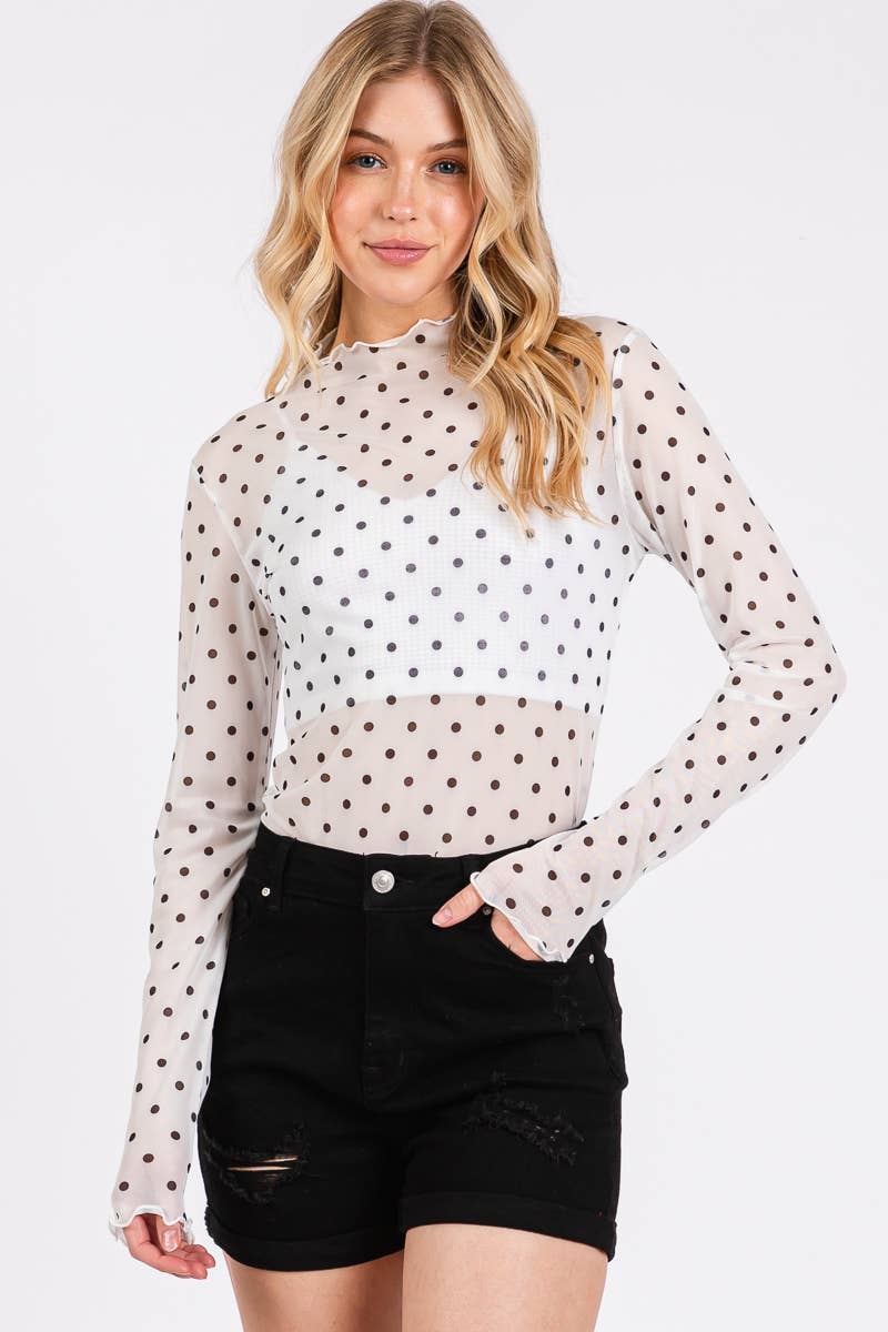 White Polka Dot Mesh Long Sleeve Top