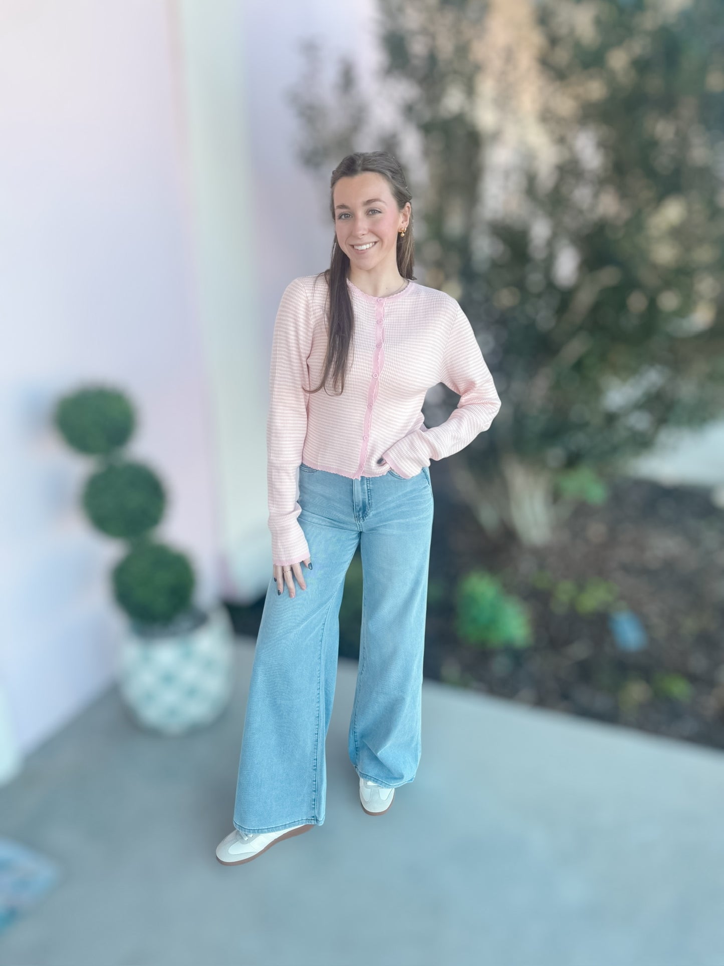 Baby Pink Stripe Ruffle Trim Button Top