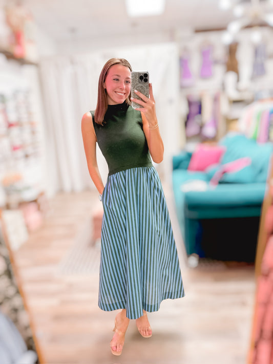 Striped Melody Midi Dress Hunter Green