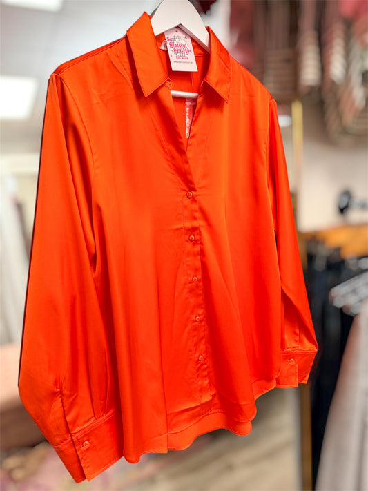 Business Lady Satin Button Up Blouse in Orange