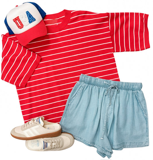 Red Oversized Striped Knit Short Sleeve Top