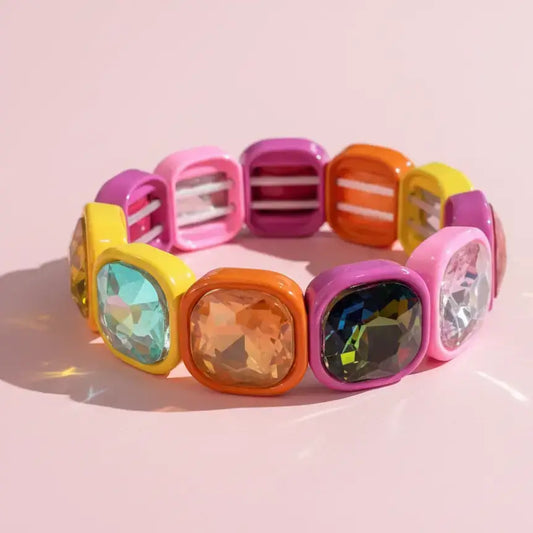 Enamel Stretch Bracelet - Rounded Gems - Elise - Multi Color