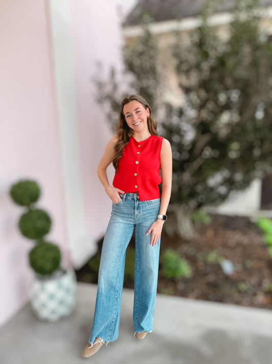 Cute As A Button Red Sweater Vest