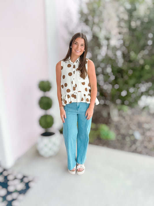 Chocolate Vanilla Dotted Button Up Blouse