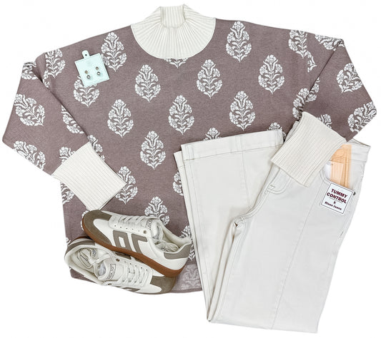 Mocha Botanical Mock Neck Sweater