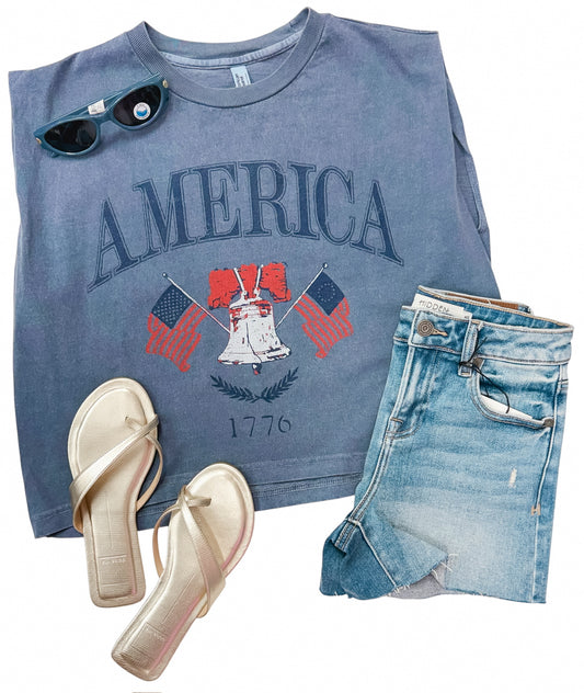 4th of July USA American Bell Blue Tank