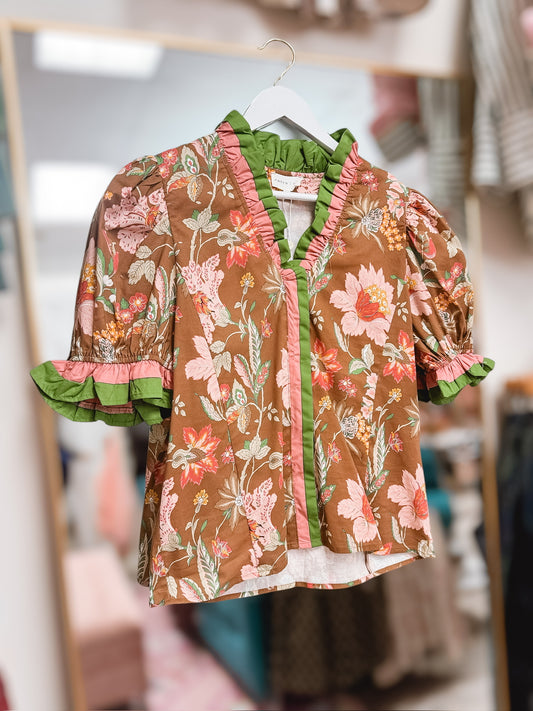 Poppy Ruffle Brown Floral Top