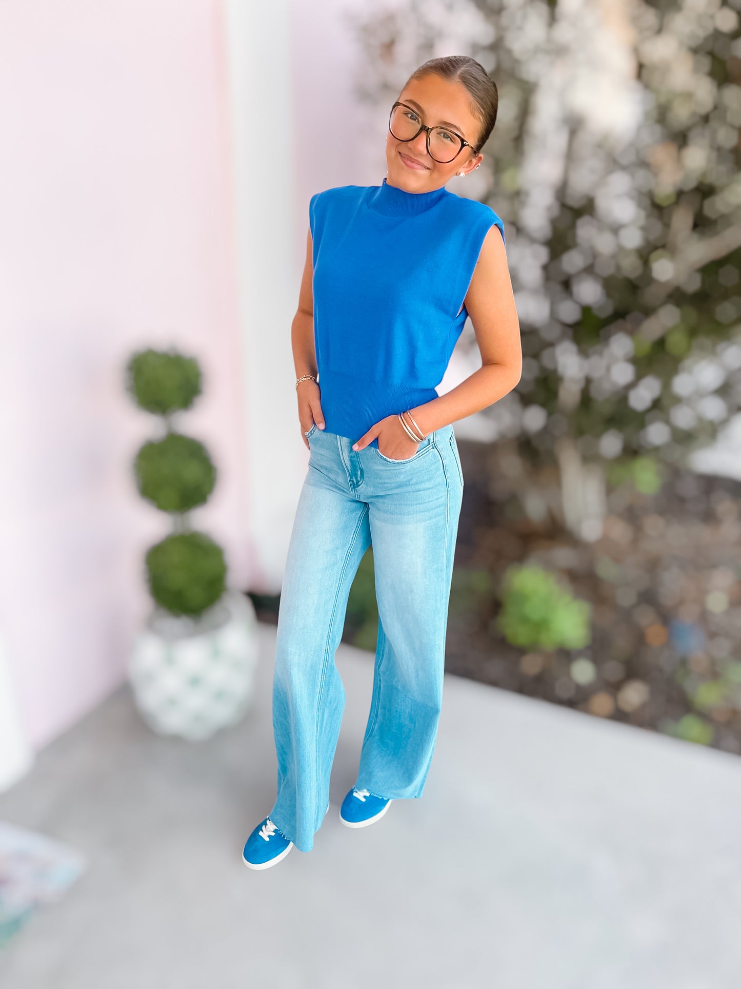 Coastal Blue Sleeveless Mock Neck Sweater