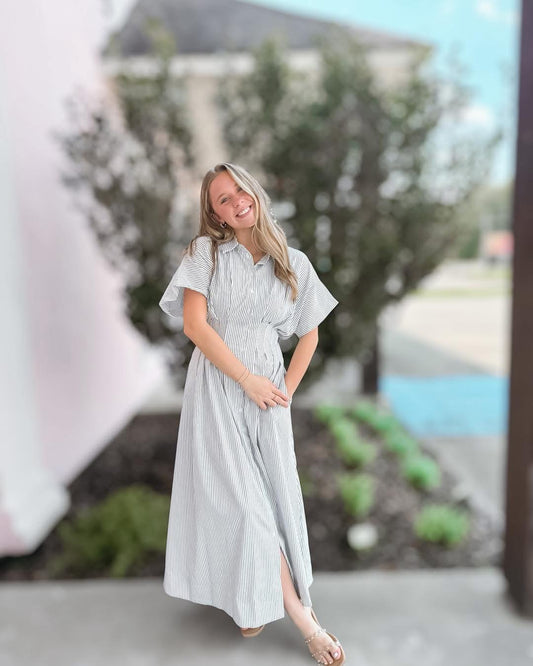 She’s A Doll Pinstripe Button Up Midi Dres