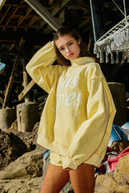JESUS SAVES Butter Yellow Print Mock Neck Sweatshirt