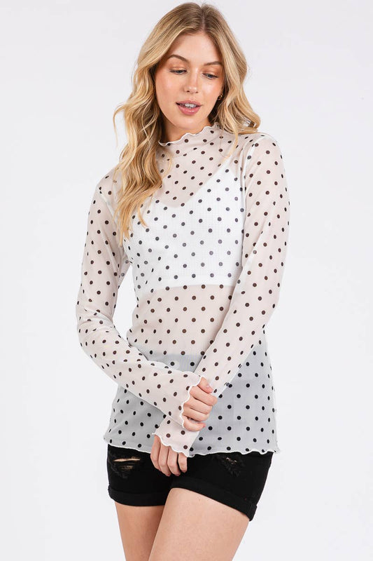 White Polka Dot Mesh Long Sleeve Top