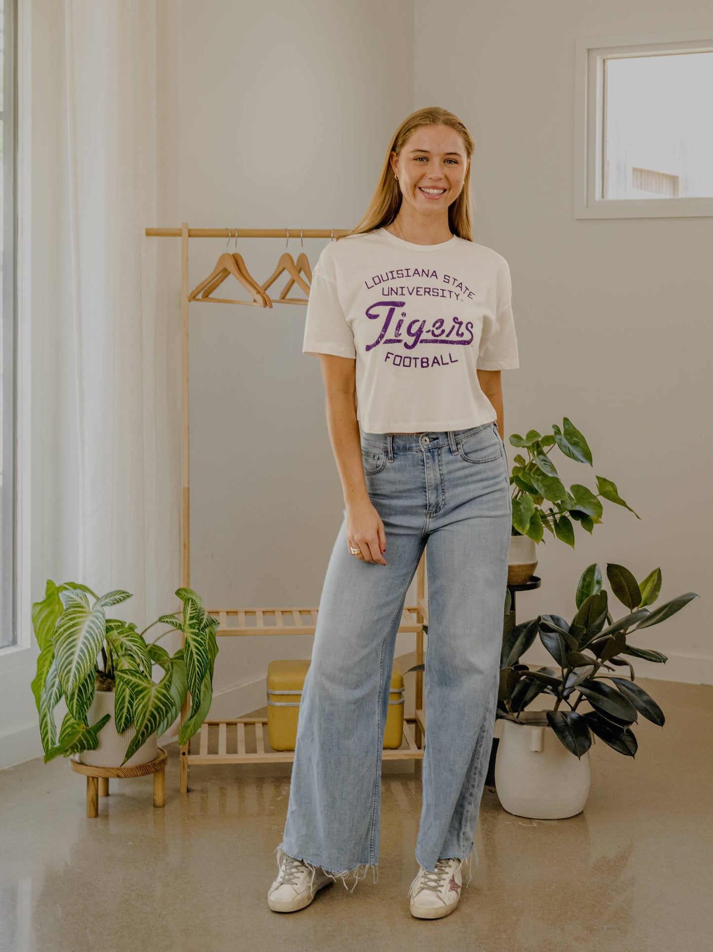 Geaux LSU Tigers Football Stencil Off White Cropped Tee