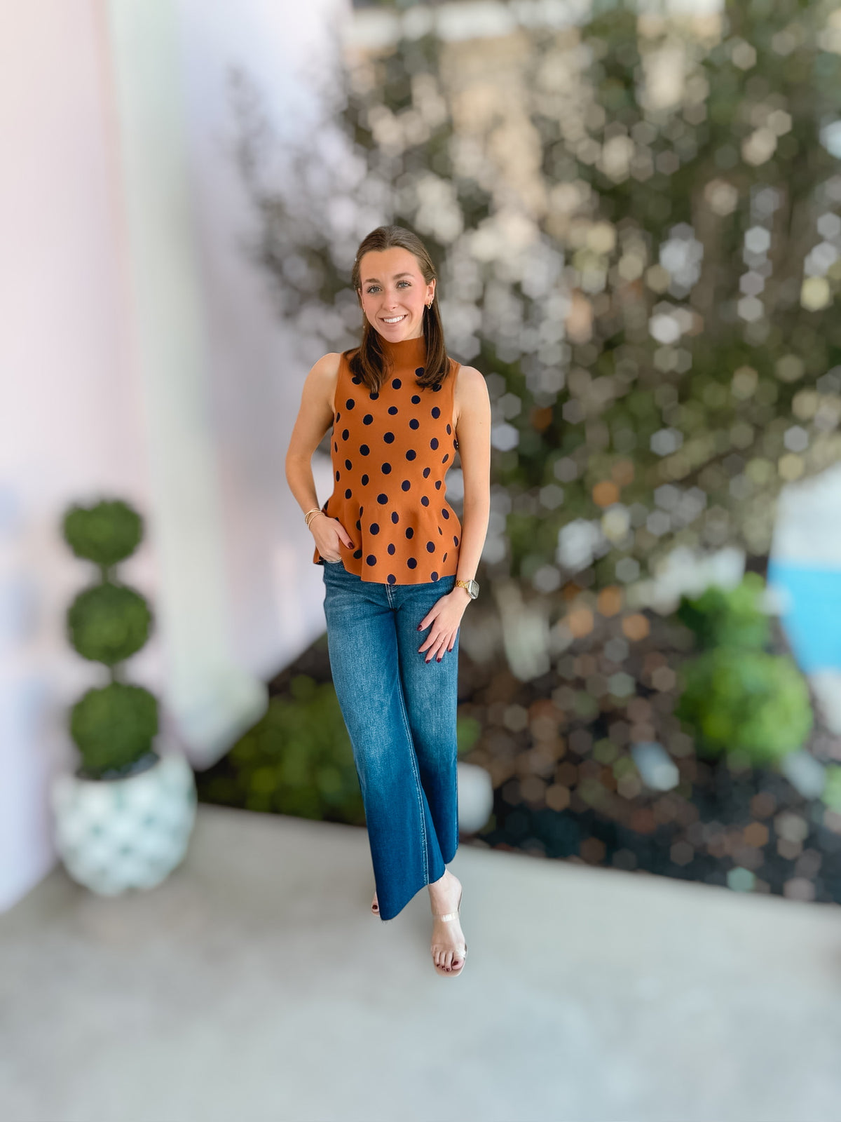 Camel Polka Dot Peplum Top