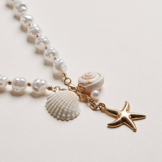 Gold Starfish & Seashell Pendant | Coastal Charm Pearl Necklace