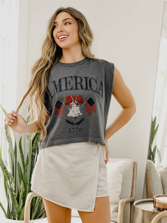 4th of July USA American Bell Blue Tank