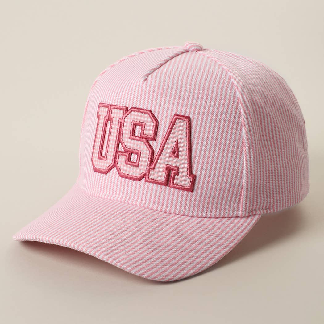 USA Embroidered Patch Gingham Stripe Trucker Hat