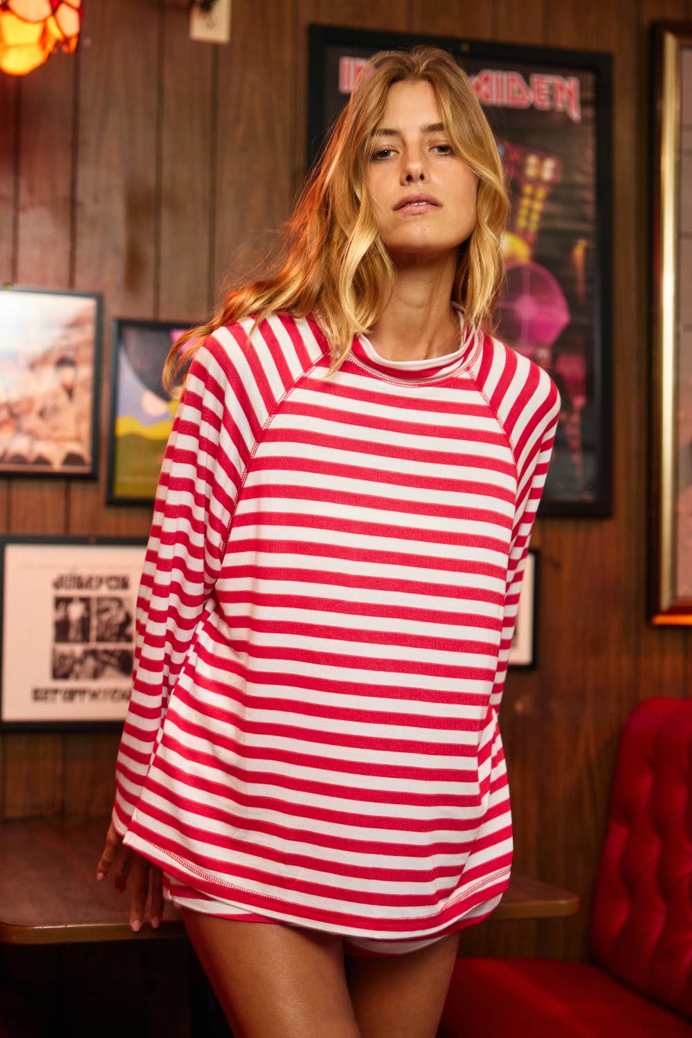 Raglan Sleeves Mock-Neck Striped Oversized Top