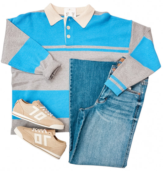 Ocean Blue Striped Collared Sweater