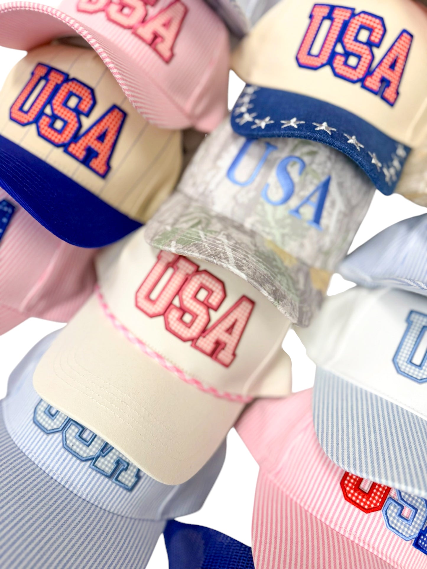 USA Embroidered Patch Gingham Stripe Trucker Hat