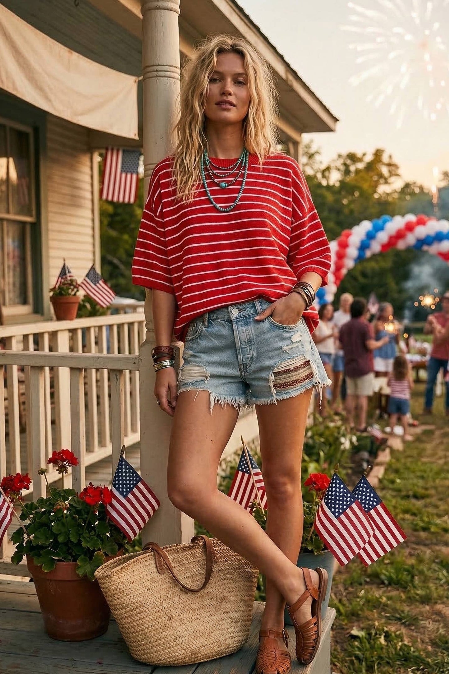 Red Oversized Striped Knit Short Sleeve Top