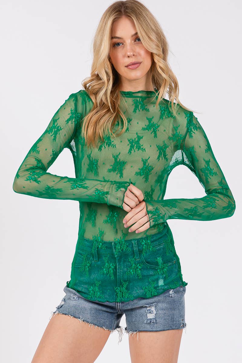 Green LONG SLEEVE FLORAL LACE TOP