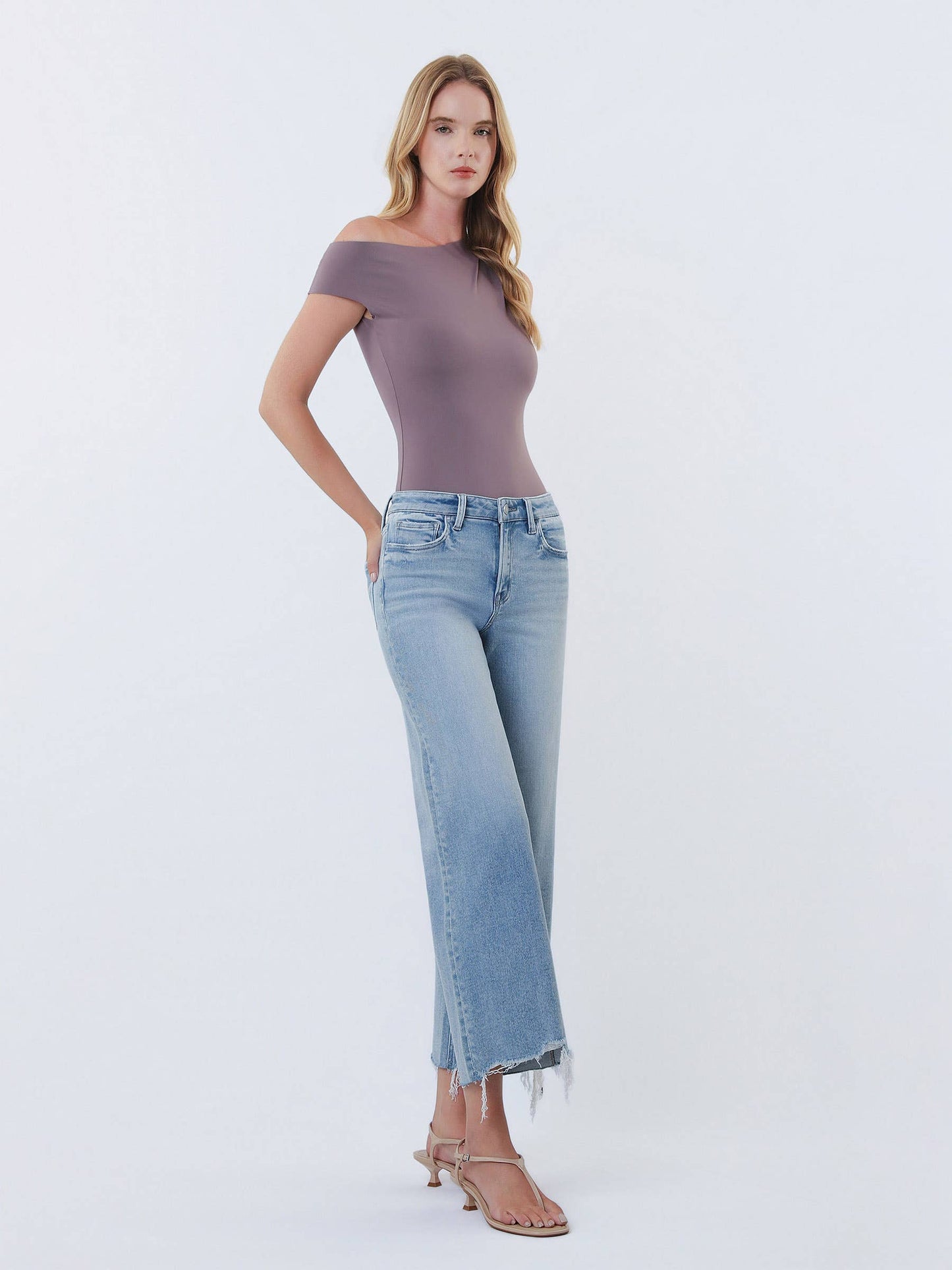 Imagine HR Distressed Hem Crop Wide Leg Denim