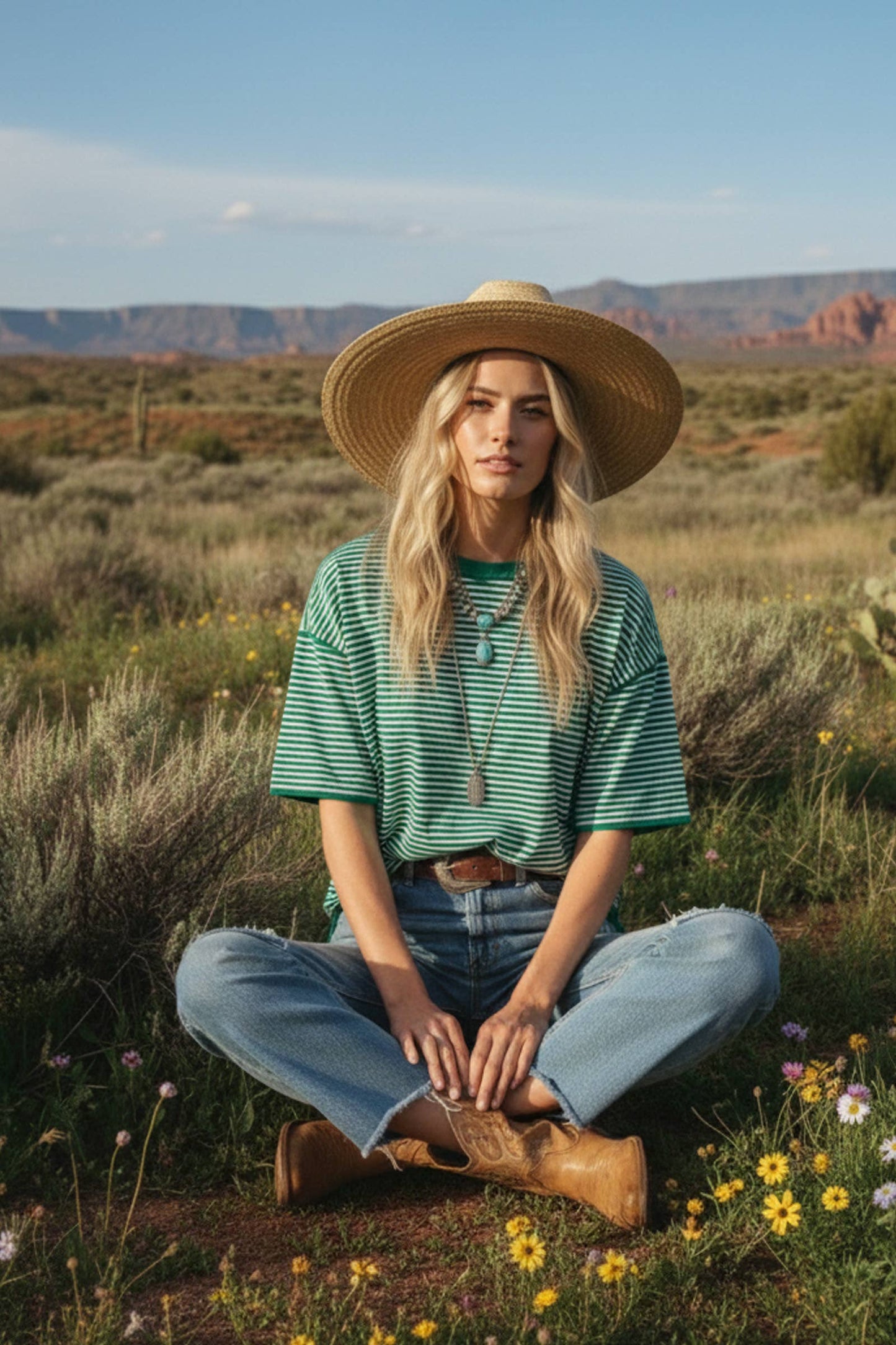 Green Striped Oversized Knit Top