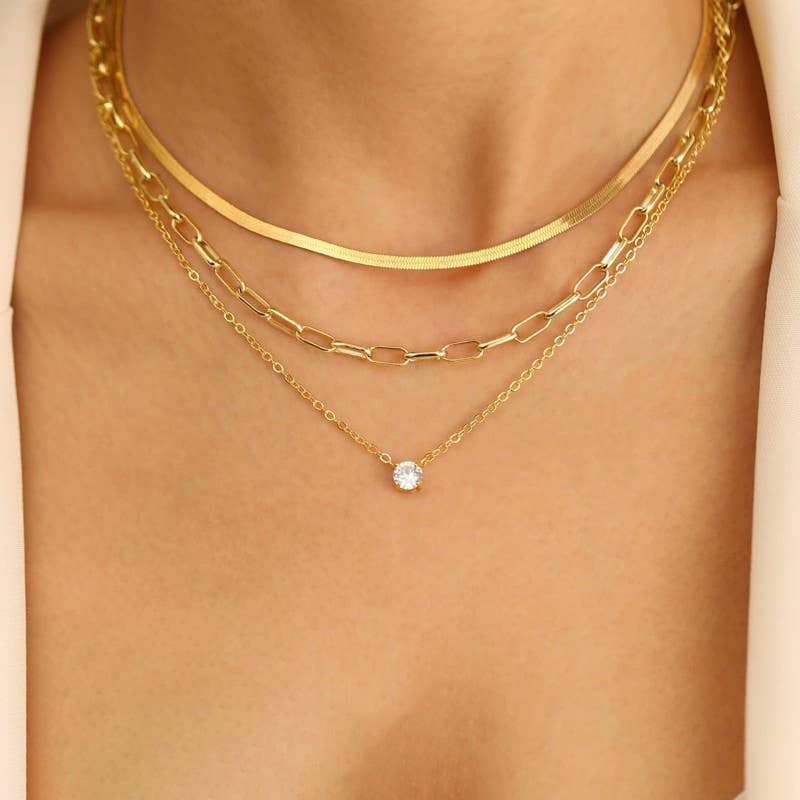 Triple Necklace with Rhinestone Drop Link & Herringbone Necklace
