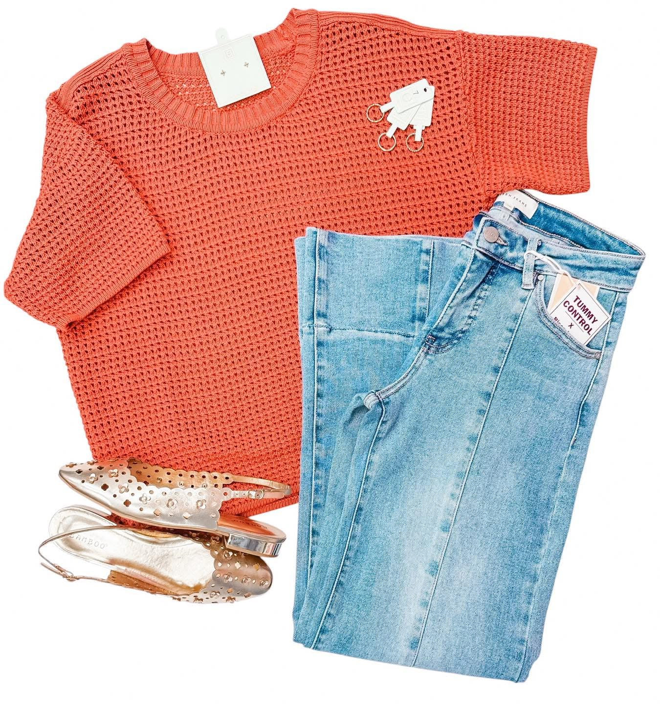 Terracotta Cutie Waffle Short Sleeve Sweater