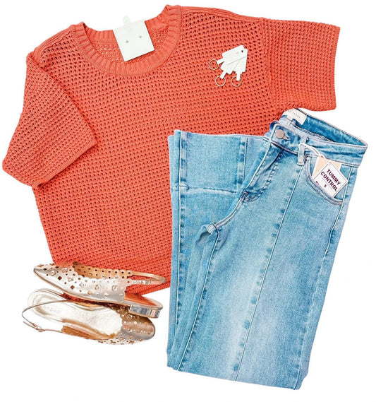 Terracotta Cutie Waffle Short Sleeve Sweater