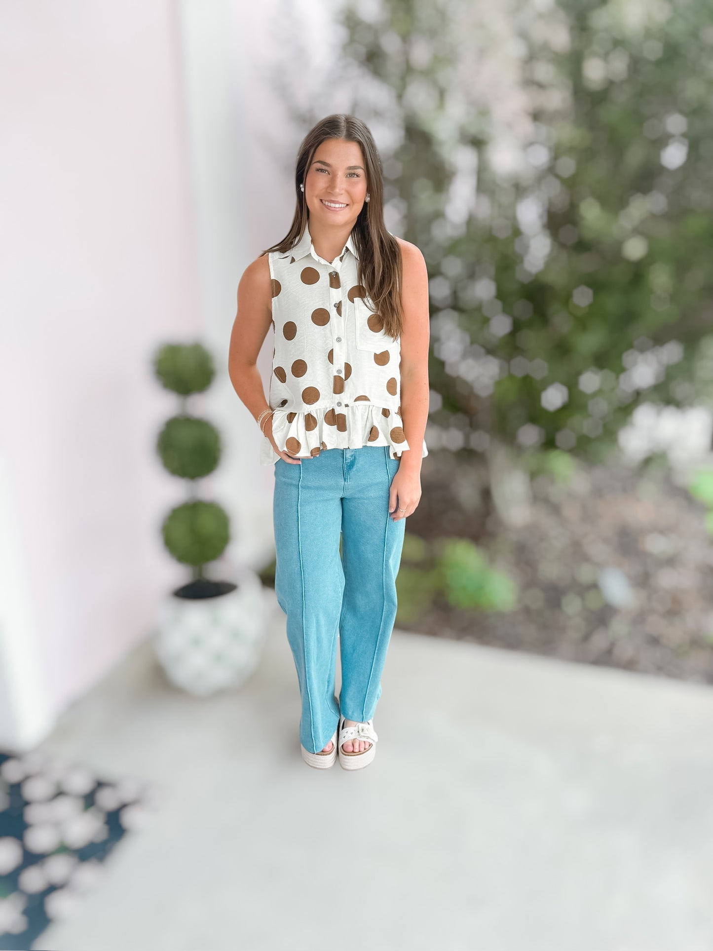 Chocolate Vanilla Dotted Button Up Blouse