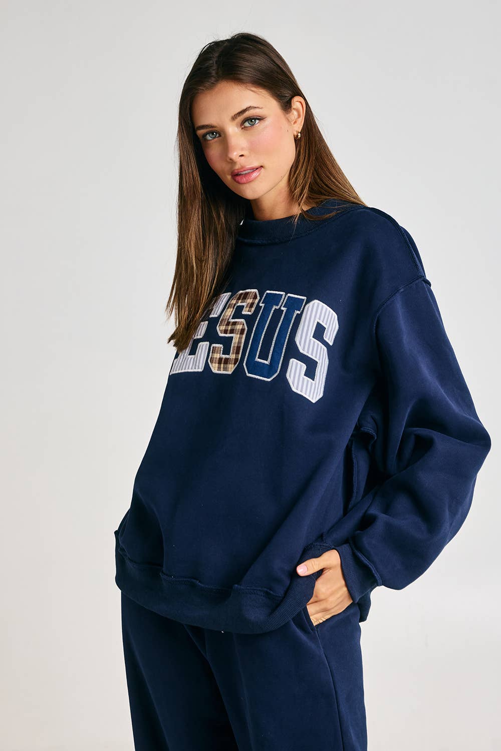 Jesus Embroidered Patchwork Mock-neck Sweatshirt