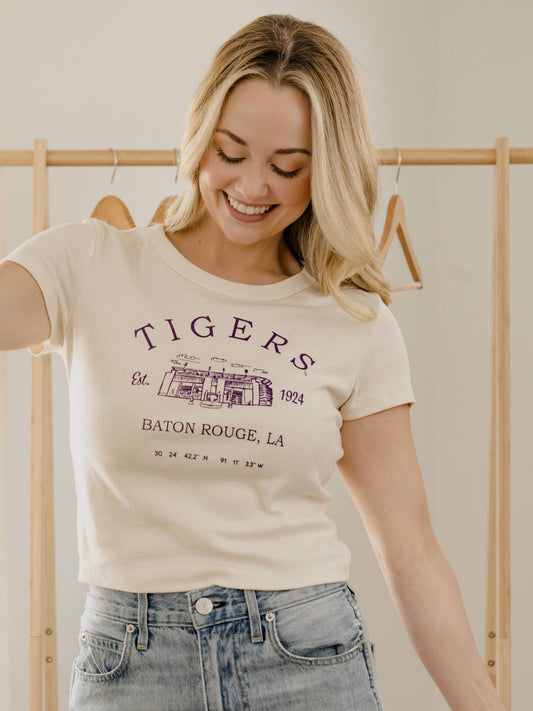 LSU Tigers Stadium Coordinates Off White Micro Cropped Tee