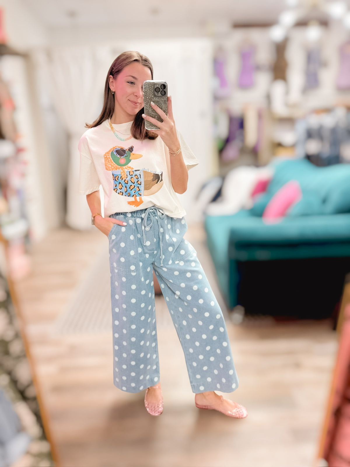 Polka Dot Denim Wide Leg Pants