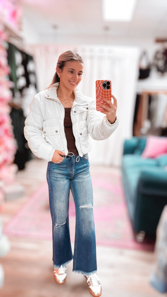 Patsy Cropped Zip Up Cargo Puffer Ivory