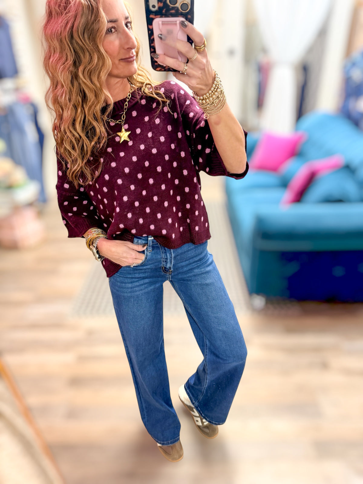 Sadie Burgundy Polka Dot SS Sweater