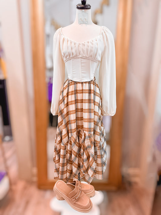 Unmatched Plaid Ruffle Midi Skirt