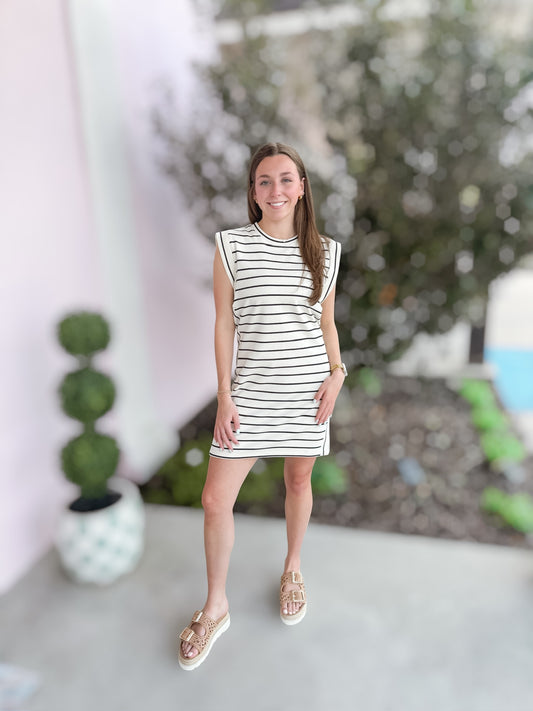 AVELIN DRESS Ivory Black Stripe