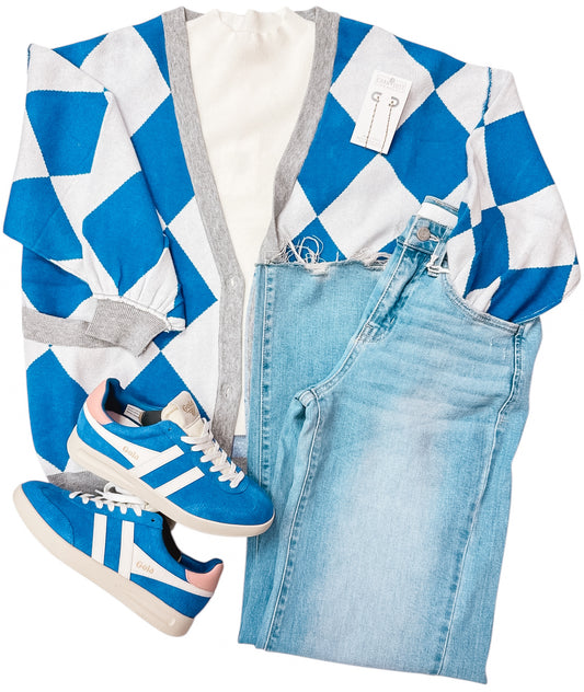 Blue Game Day Argyle Print Cardigan Sweater