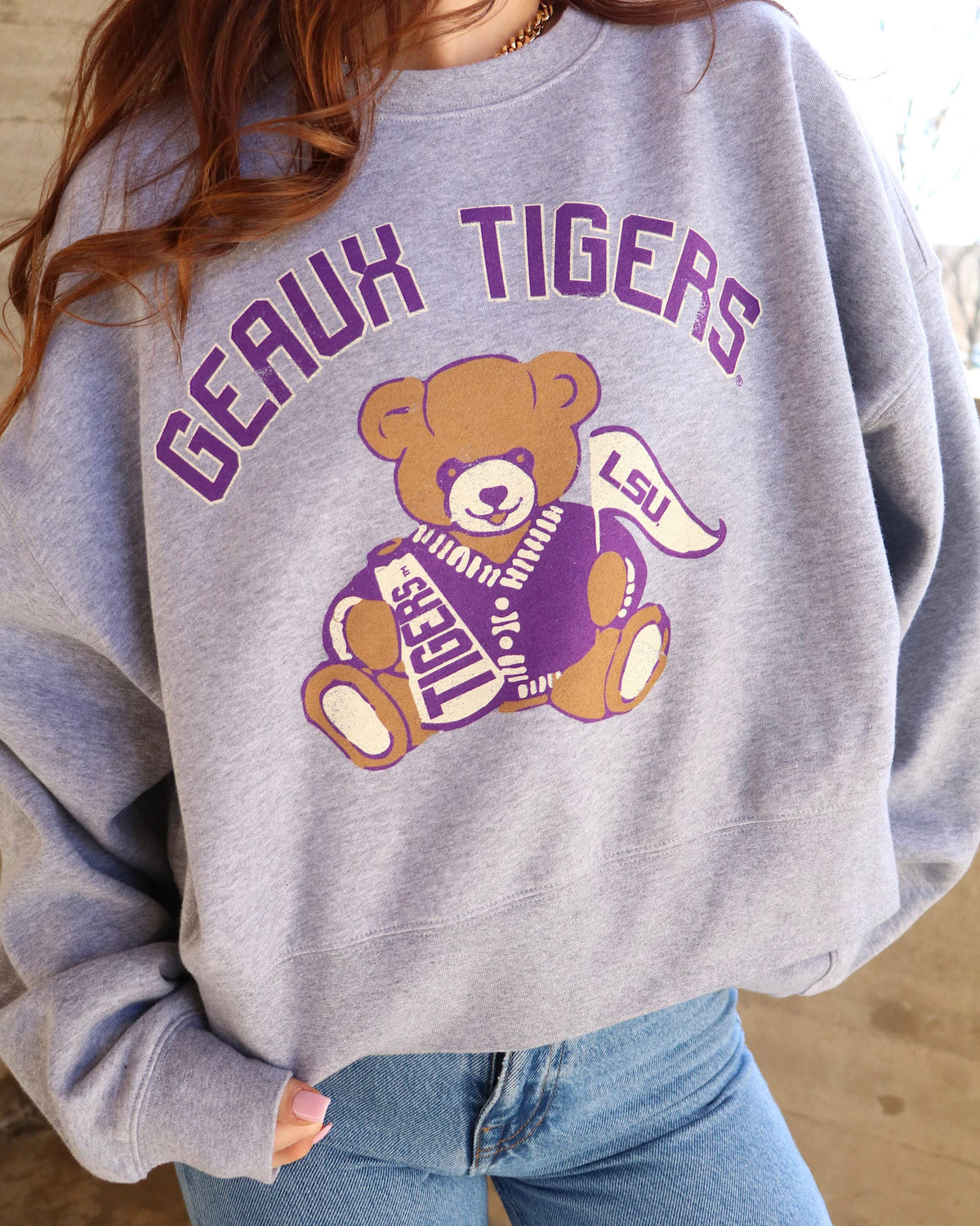 Geaux LSU Tigers Bear Gray Hi-Dive Oversized Crew Sweatshirt